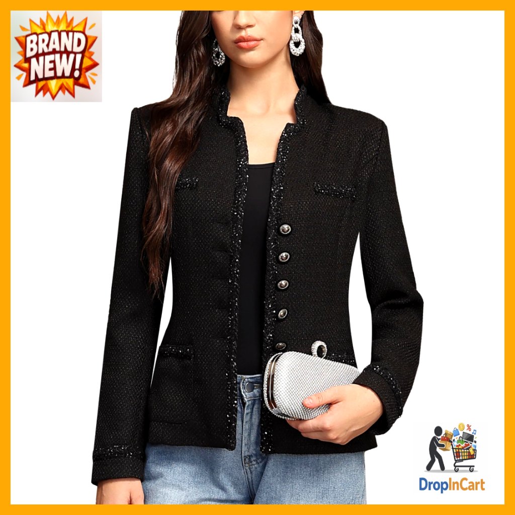 Stand Notch Lapel Blazer Tailored Fit Tweed Fully Lined Office Chic